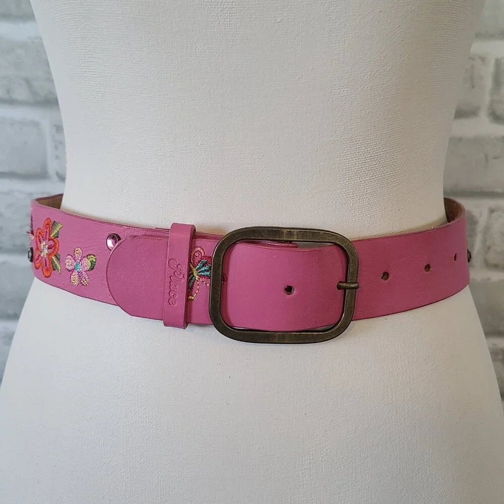 Childrens Place Pink Embroidered Leather Belt Brass Buckle